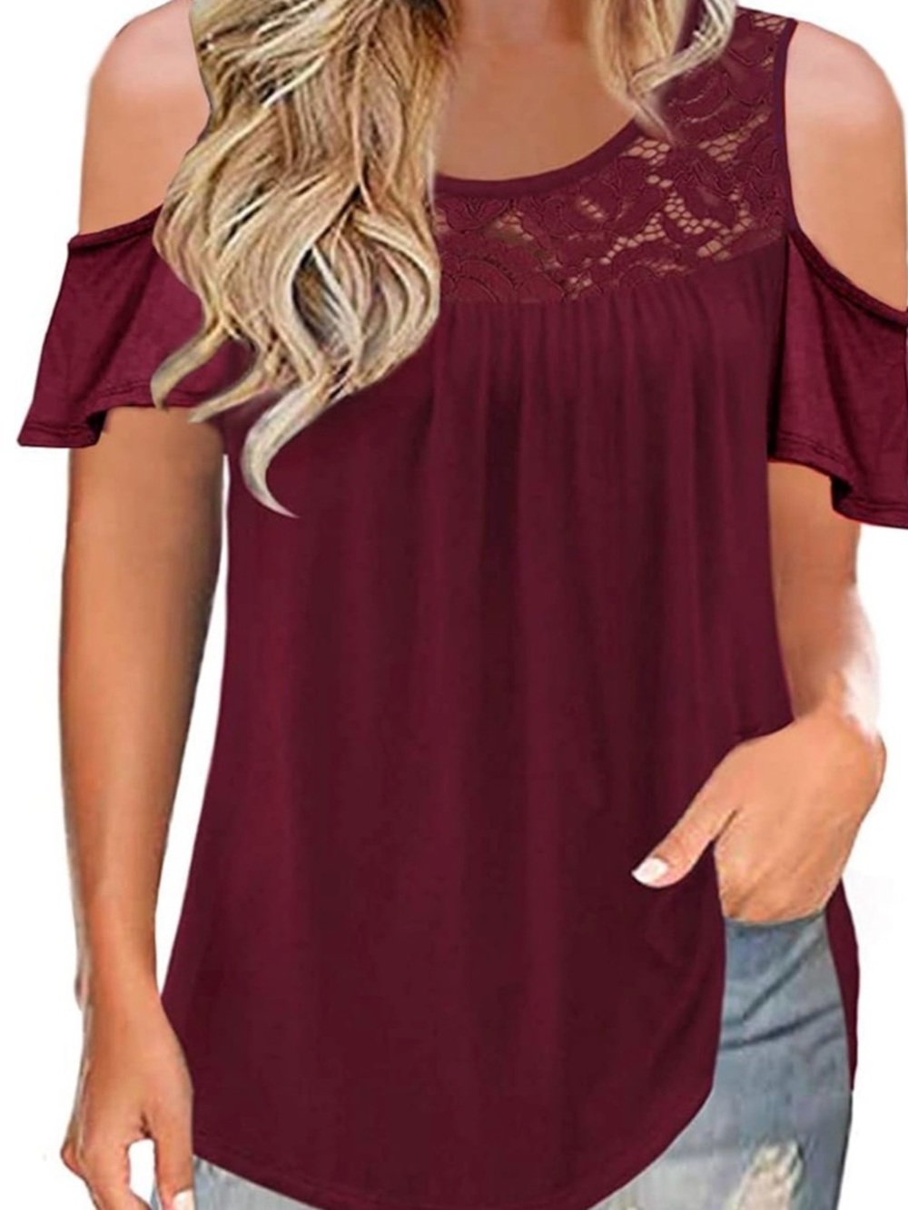 Women's Cold-Shoulder Lace Yoke Tee in Deep Raspberry
